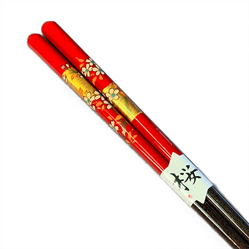 Chopsticks, Red Cherry Blossom With Gold Band