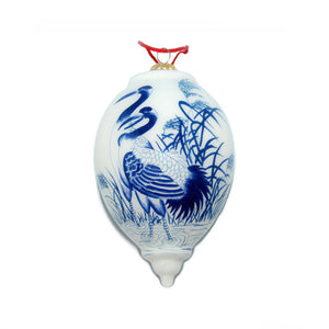 Hand Painted Glass Ornament,Teardrop, Blue & White Cranes