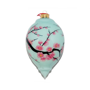 Hand Painted Glass Ornament, Teardrop, Cherry Blossoms #CO1005