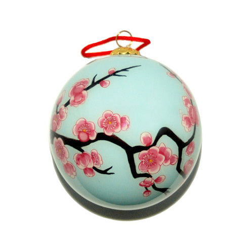 Handpainted Glass Ball, Pale Green W/ Pink Cherry Blossoms