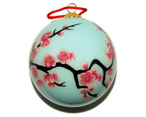 HAND PAINTED GLASS BALL WITH PINK CHERRY BLOSSOMS