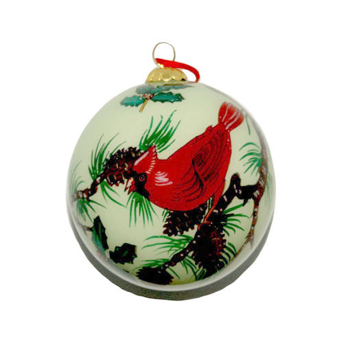 Hand Painted Glass Ball, Two Cardinals