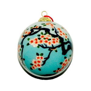 Handpainted Glass Ball, Blue W/ Pink Cherry Blossoms