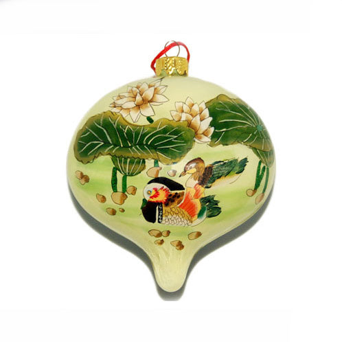 Handpainted Glass Ornament, Lantern Shape, Mandarin Ducks On Lotus Pond