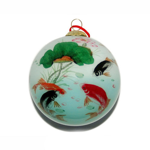 Handpainted Glass Ball, Fish In The Lotus Pond