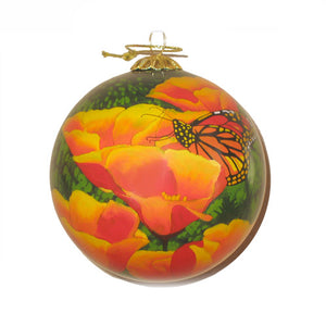 Handpainted Glass Ball, Poppies And Monarch Butterfly