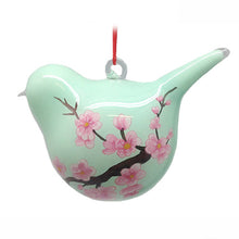 Load image into Gallery viewer, Handpainted Glass Ornament, Bird Shape, Pink And Pale Green Cherry Blossoms