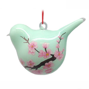 Handpainted Glass Ornament, Bird Shape, Pink And Pale Green Cherry Blossoms