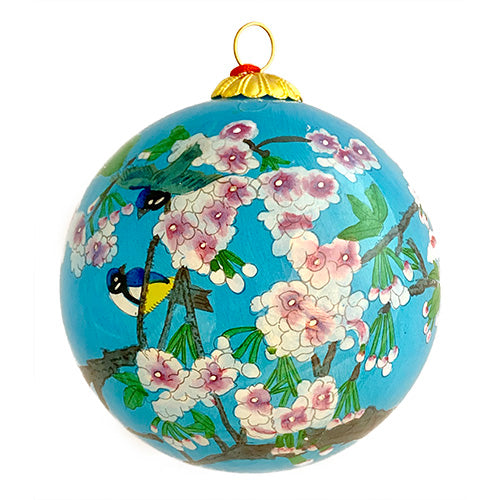 Hand Painted Glass Ball, Cherry Blossom With Blue Birds