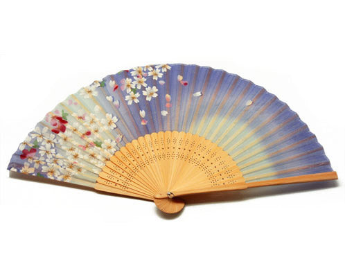 SILK FAN, LAVENDER W/ WHITE AND PLUM FLOWERS AND SPARKLES, NATURAL BAMBOO FRAME (HF-233)