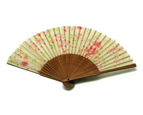 SILK FAN, PALE GREEN W/ PINK FLOWERS AND GREEN LEAVES, BROWN BAMBOO FRAME (HF-235)