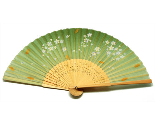 SILK FAN, PALE GREEN WITH WHITE FLOWERS AND GOLD LEAVES (HF-237)