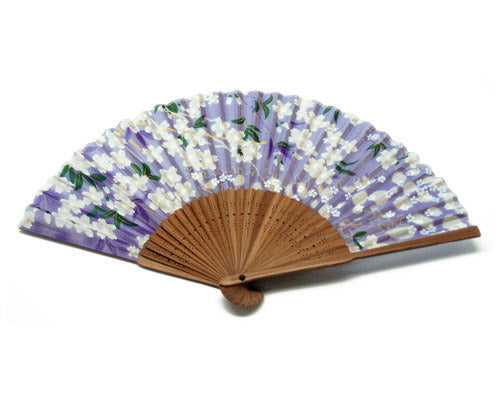 SILK FAN, LILAC WITH WHITE FLOWERS AND GREEN LEAVES (HF-238)