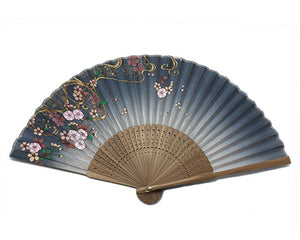 SILK FAN, CHERRY BLOSSOM WITH GOLD DECORATION ON GRAY BACK GROUND. BROWN BAMBOO FRAME (HF-267/GRY)