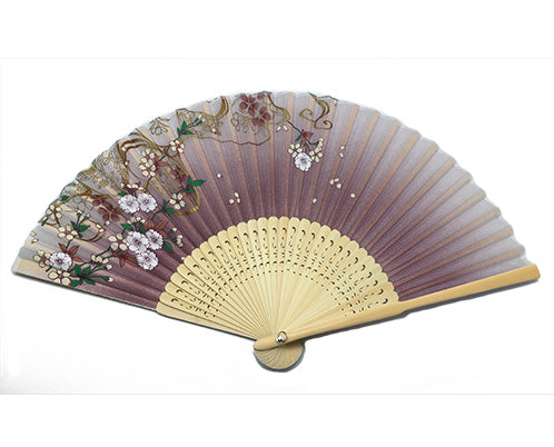 SILK FAN, CHERRY BLOSSOM WITH GOLD DECORATION ON PINK BACK GROUND. BROWN BAMBOO FRAME (HF-267/PK)