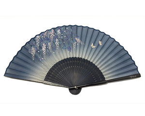 SILK FAN, FALLING CHERRY BLOSSOM WITH BUTTERFLIES ON BLUE BACK GROUND. BLUE FRAME (HF-269)