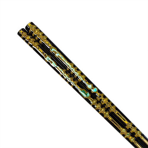 Chopsticks, Brown Over Yellow Lacquer W/ Inlaid Shell