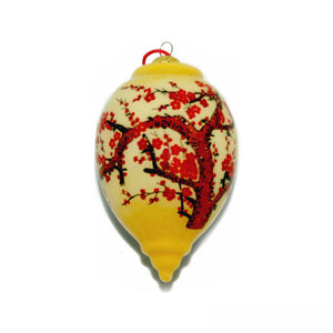 Hand Painted Glass Ornament,Teardrop, Winter Cherry Blossoms