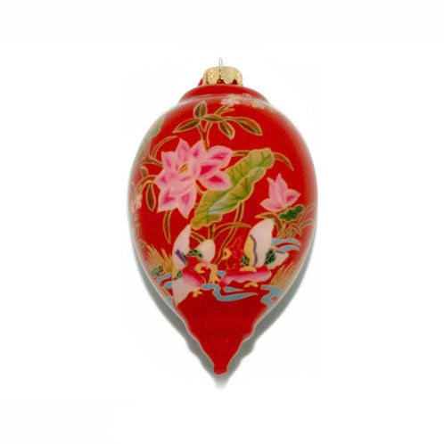 Handpainted Glass Ornament, Teardrop, Red With Bouquet