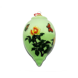 Handpainted Glass Teardrop, Green W/ Butterflies And Peonies