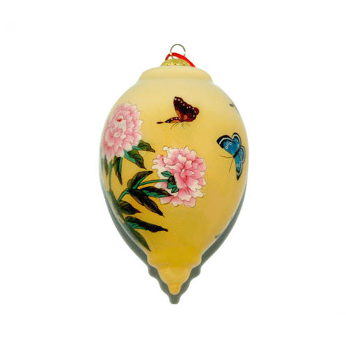 Handpainted Glass Teardrop, Yellow W/ Butterflies & Pink Peonies