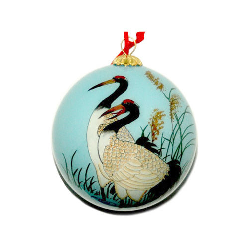 Handpainted Glass Ball, Light Blue Two Cranes