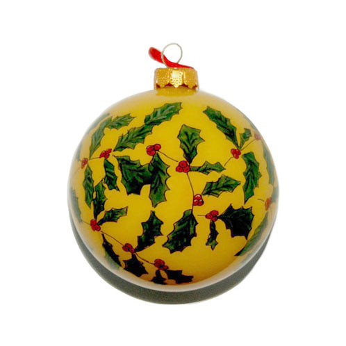 Handpainted Glass Ball, Yellow W/ Hollyberries