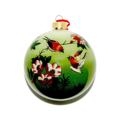 Handpainted Glass Ball, Redbirds With Flowers