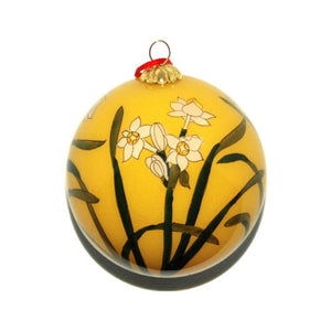 Handpainted Glass Ball, Burnt Yellow W/ White Narcissus