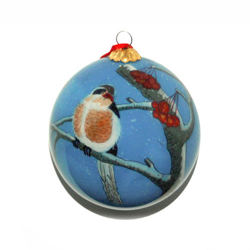 Handpainted Glass Ball, Winter Bird W/ Berries
