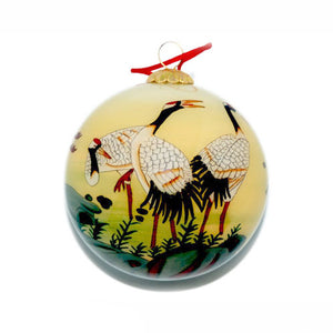 Handpainted Glass Ball, Pale Yellow W/ Cranes