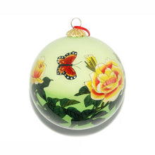Load image into Gallery viewer, Handpainted Glass Ball, Green W/ Butterflies &amp; Peonies