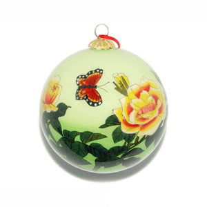 Handpainted Glass Ball, Green W/ Butterflies & Peonies