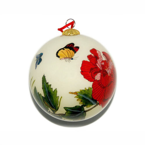 Handpainted Glass Ball, Red Peony W/ Butterflies