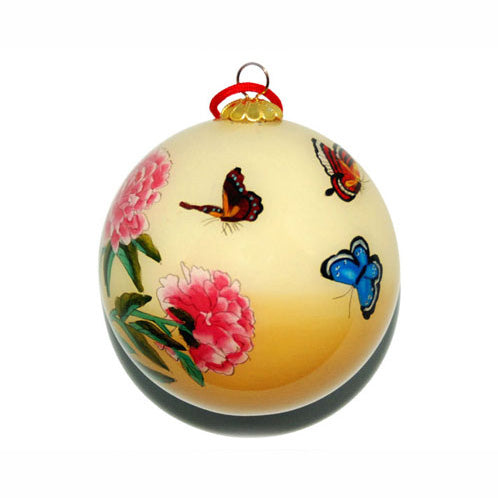 Handpainted Glass Ball, Yellow W/ Butterflies & Pink Peonies