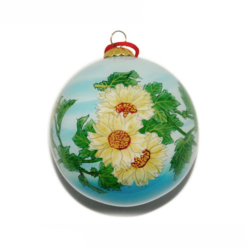 Handpainted Glass Ball, Blue W/ Sunflowers