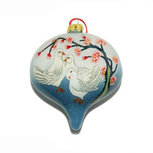 Handpainted Glass Ornament, Lantern Shape, Snowdoves On Pale Blue