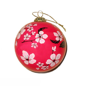 Handpainted Glass Ball, Cherry Blossoms On Red