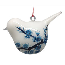 Load image into Gallery viewer, Handpainted Glass Ornament, Bird Shape, Blue And White Cherry Blossoms