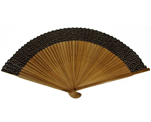 SILK FAN, DOT WAVE PATTERN BLACK SILK (HF-105)