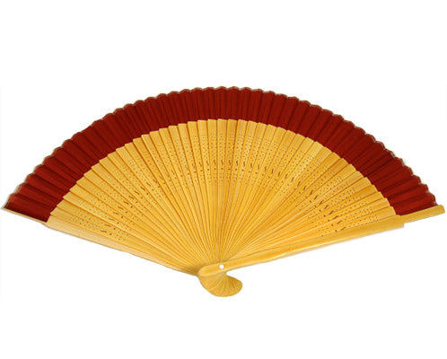 SILK FAN, RUST RED WITH LONG BAMBOO. (HF-112)