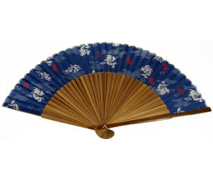 SILK FAN, BLUE W/ DRAGONS, CLOUDS AND RED SEALS, BROWN BAMBOO (HF-141)