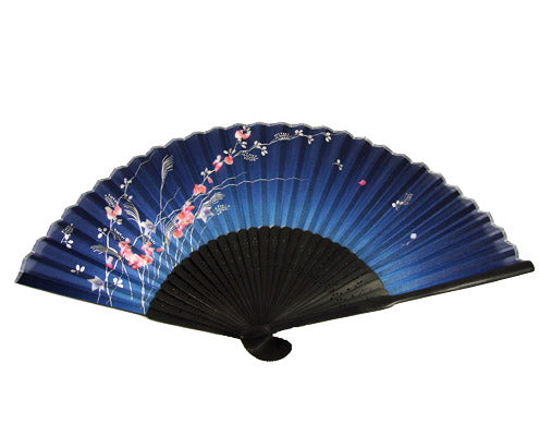 SILK FAN, BLUE WITH PINK BLOSSOMS AND SILVER GRASSES, BLACK BAMBOO (HF-147)