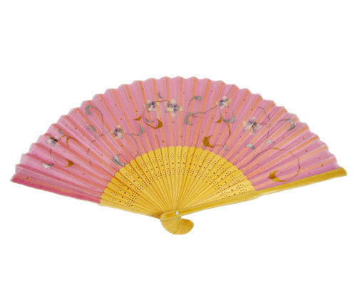 SILK FAN, PINK W/ SILVER AND GOLD SWIRLS, NATURAL BAMBOO (HF-148)
