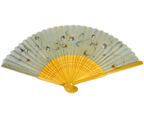SILK FAN, PALE BLUE W/ SILVER AND GOLD SWIRLS, NATURAL BAMBOO (HF-149)