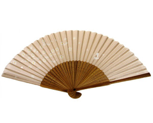 SILK FAN, NUDE WITH DELICATE SILVER FLOWERS, BROWN BAMBOO (HF-151)
