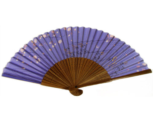 SILK FAN, LIGHT PURPLE Wl PINK FLOWERS AND GOLDEN GRAINS, BROWN BAMBOO (HF-153)