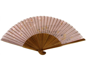 SILK FAN, BLUSH W/ PINK FLOWERS AND GOLDEN GRAINS, BROWN BAMBOO (HF-154)