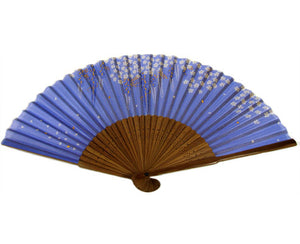 SILK FAN, LIGHT PURPLE W/ TRAILS OF WHITE AND GOLD PETALS, BROWN BAMBOO (HF-156)