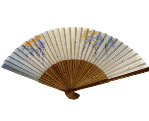 SILK FAN, PALE W/ GOLD AND BLUE TRAILING VINES, BROWN BAMBOO (HF-159)